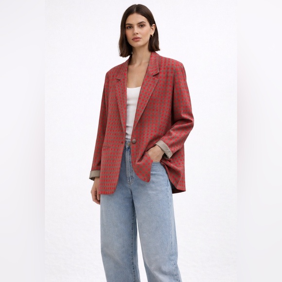 Vintage Jackets & Blazers - Vintage Christy Girl Oversized Blazer Jacket Women 8 Red Gray Plaid 80s 90s USA